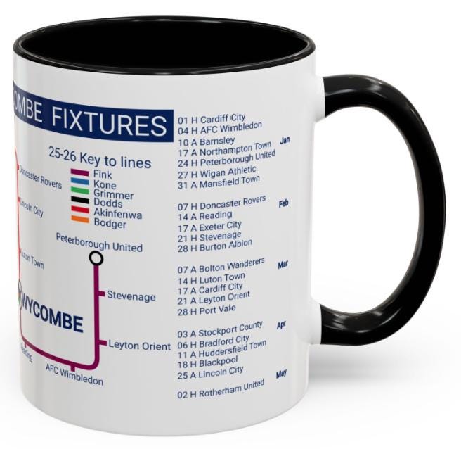 Wycombe Football Mug: 2025/26 Season Fixtures, Unique Fan Gift