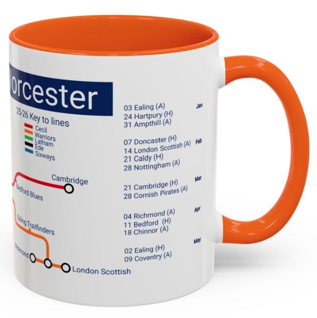 Worcester Rugby Mug: 2025/26 Season Fixtures, Rugby Fan Gift - Back in the City!