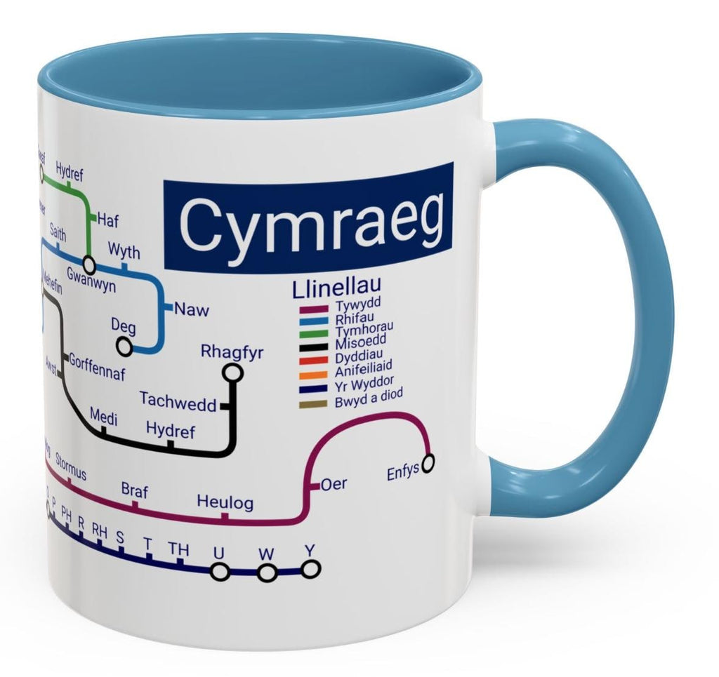 Welsh Language Learning Mug: Cymraeg Metro Design, Ceramic Coffee Cup