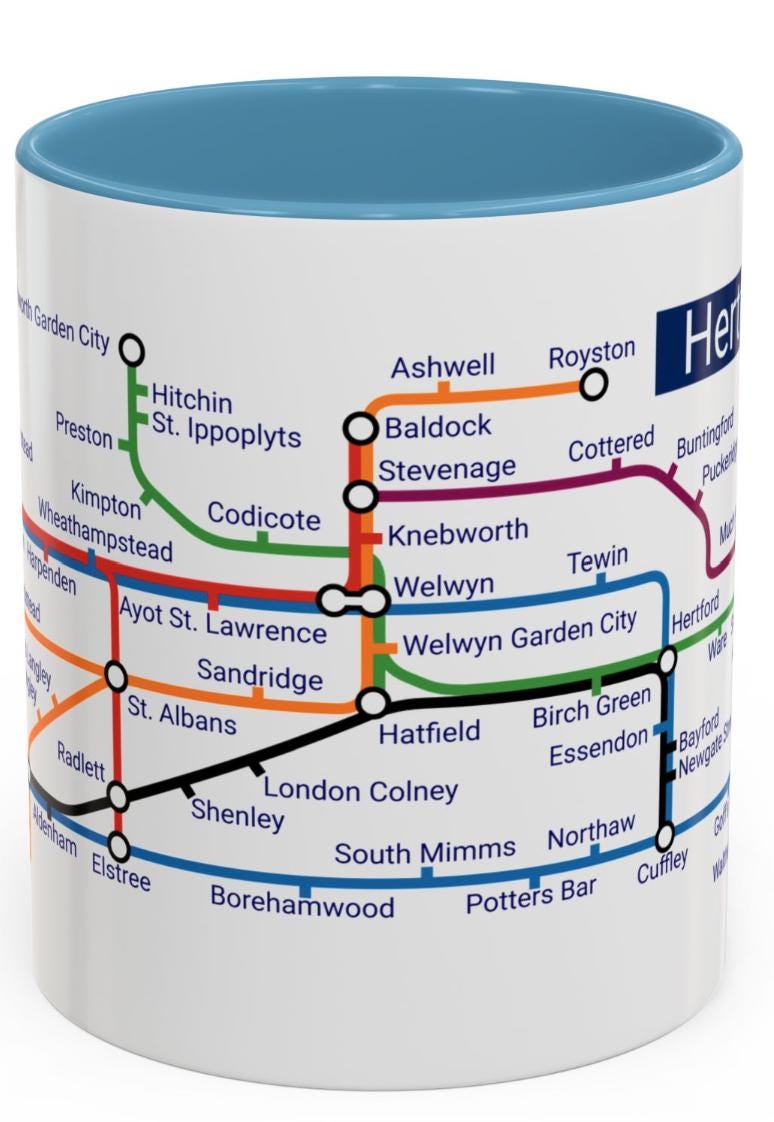 Hertfordshire Metro Map Mug: Unique Ceramic Coffee Mug