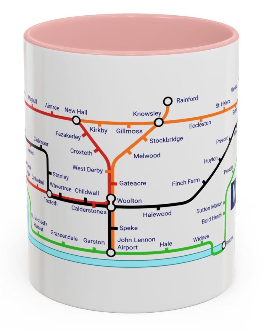 Merseyside Metro Mug - featuring a journey through the well known towns and villages of the area.