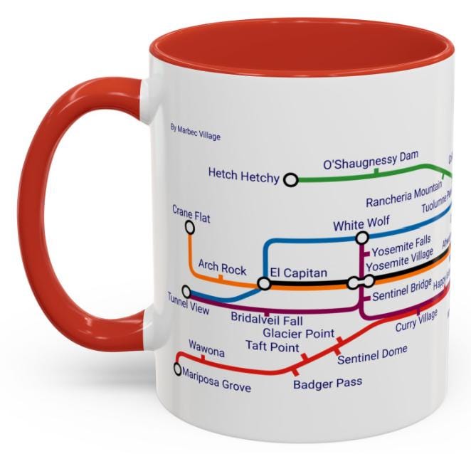Yosemite Metro Map Mug: Valley Landmarks Ceramic Coffee Cup