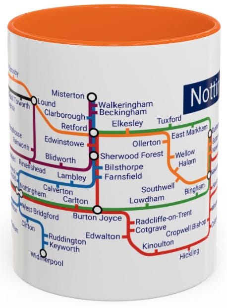 Nottinghamshire Metro Map Mug: Colorful Ceramic Coffee Cup