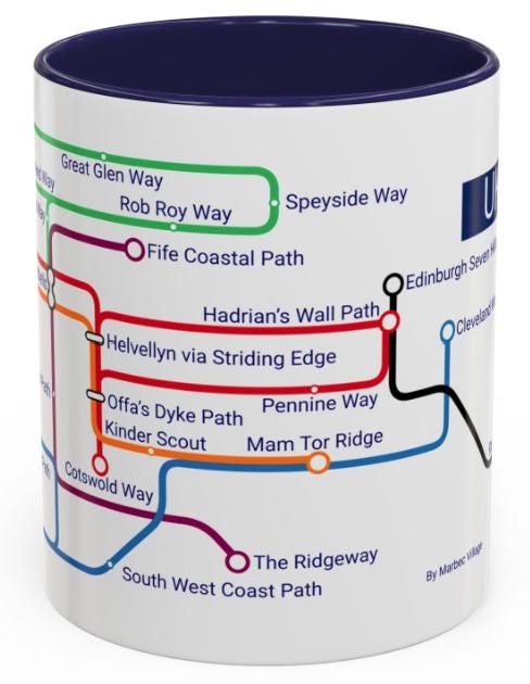 UK Walking Trails Map Mug: Hiker Gift, Metro-Style Design