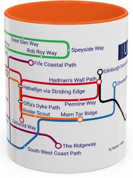 UK Walking Trails Map Mug: Hiker Gift, Metro-Style Design