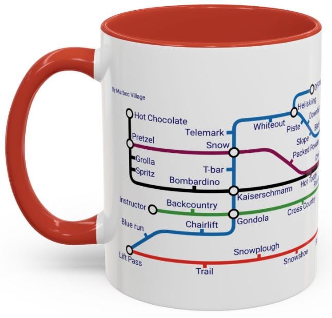 Skiing Metro Map Mug: Winter Sports Enthusiast Gift