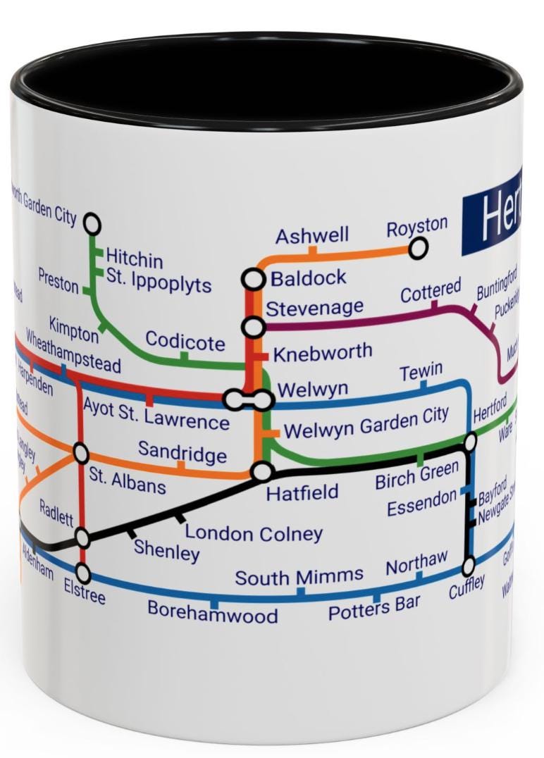 Hertfordshire Metro Map Mug: Unique Ceramic Coffee Mug