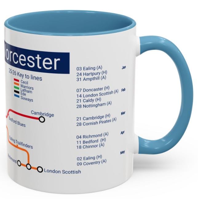 Worcester Rugby Mug: 2025/26 Season Fixtures, Rugby Fan Gift - Back in the City!
