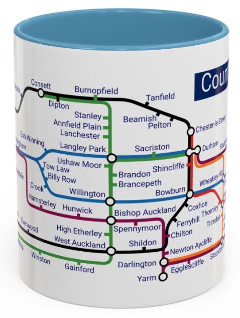 County Durham Metro Map Mug - 11oz Ceramic Coffee Mug