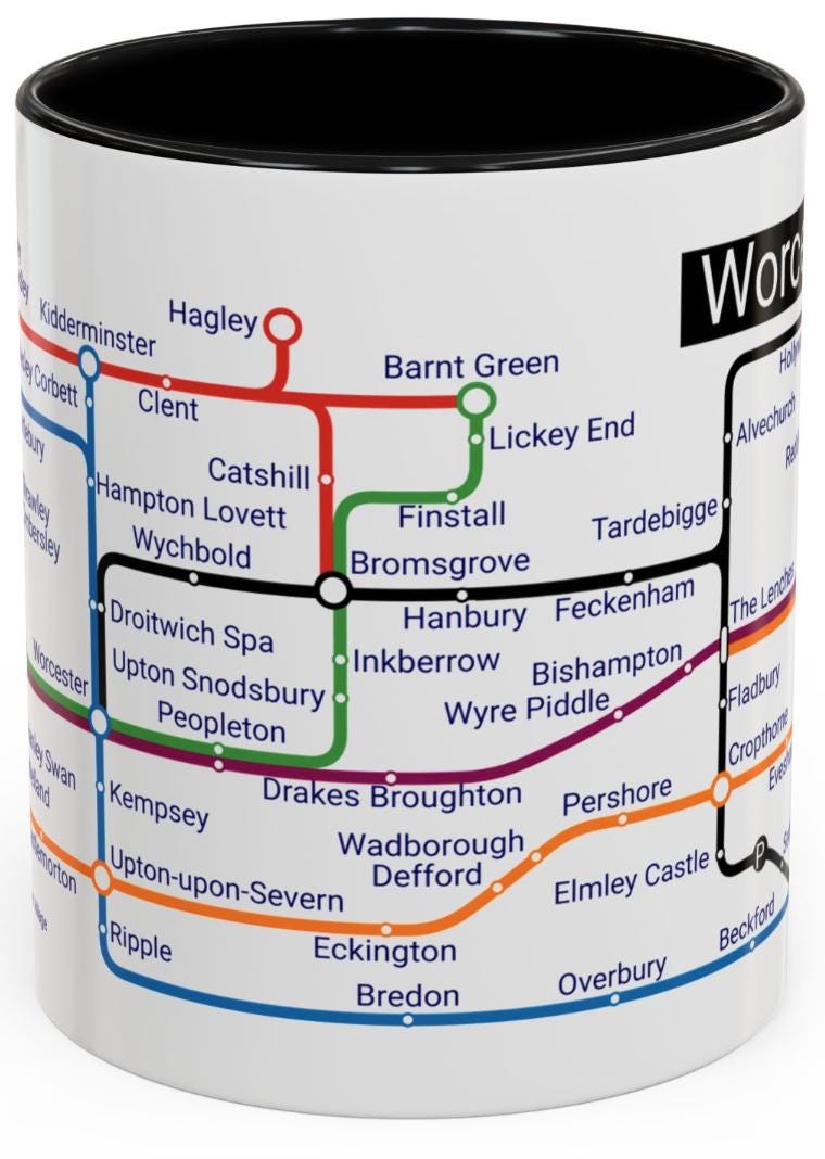 Worcestershire Metro Map Mug: Unique Towns & Villages Ceramic Mug
