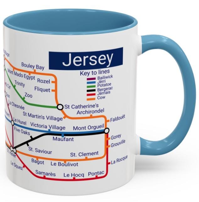 Jersey Metro Map Mug: Island Landmarks, Colorful Design