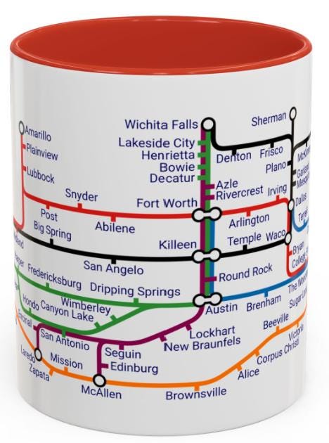 Texas Metro Mug: Lone Star State Cities, Ceramic Coffee Cup