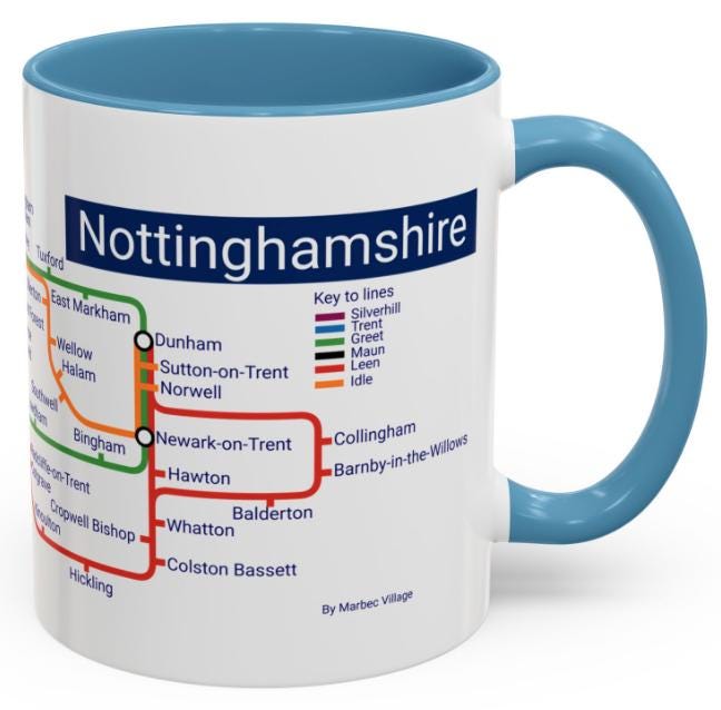 Nottinghamshire Metro Map Mug: Colorful Ceramic Coffee Cup