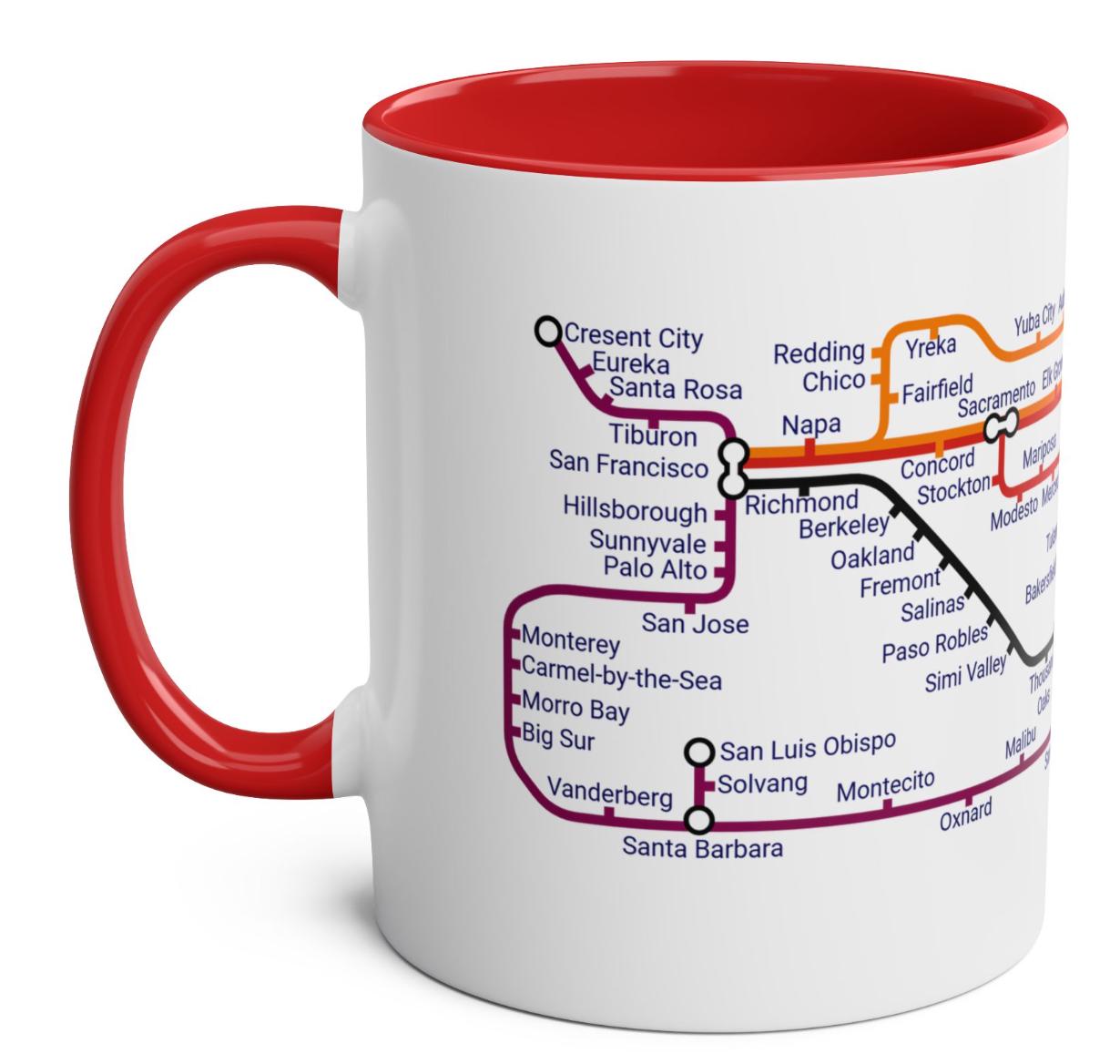 California Metro Mug: San Francisco to San Diego Map, Ceramic 11oz