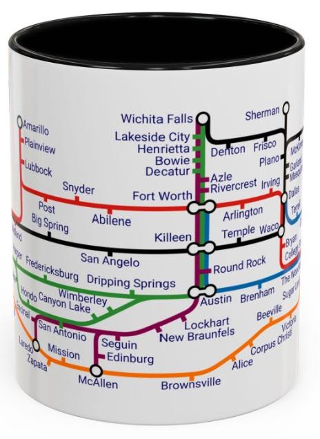 Texas Metro Mug: Lone Star State Cities, Ceramic Coffee Cup