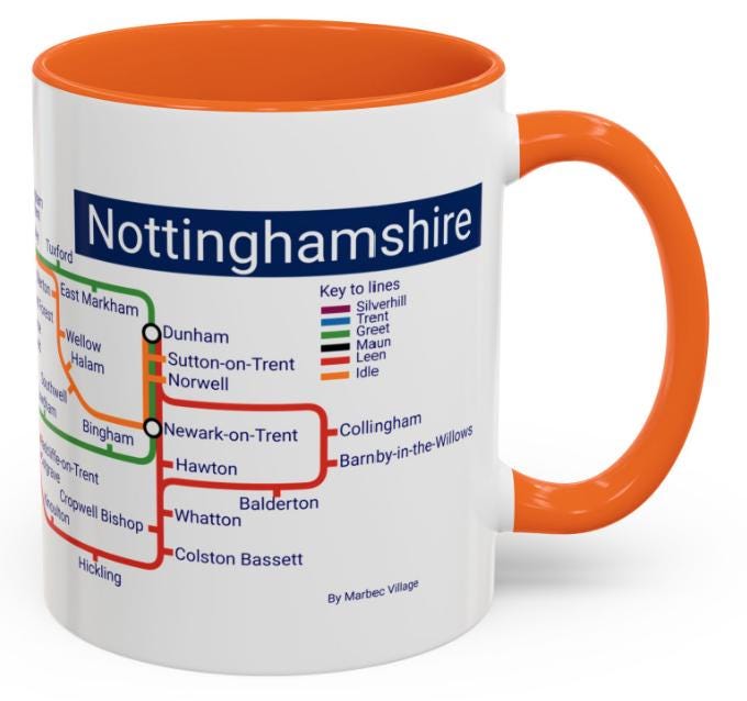 Nottinghamshire Metro Map Mug: Colorful Ceramic Coffee Cup
