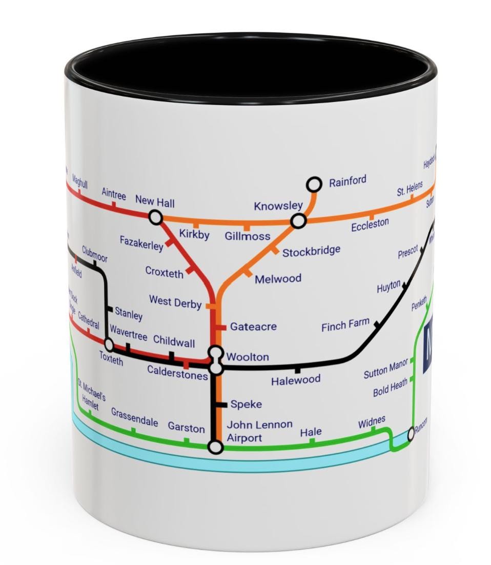 Merseyside Metro Mug - featuring a journey through the well known towns and villages of the area.