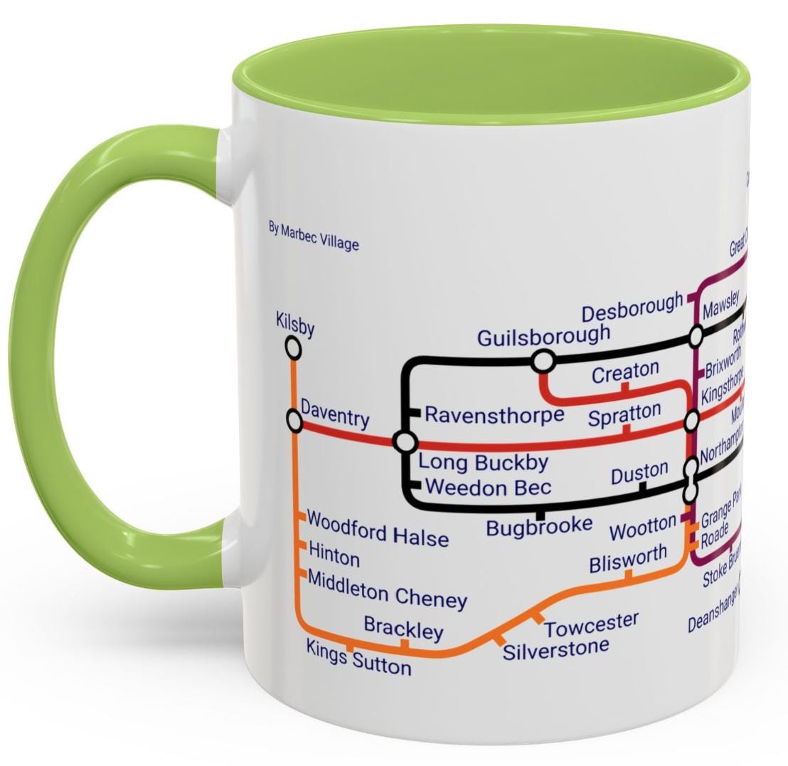 Northamptonshire Metro Map Mug: Ceramic Coffee Cup, Local Heritage Gift
