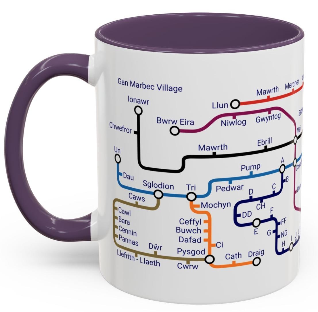 Welsh Language Learning Mug: Cymraeg Metro Design, Ceramic Coffee Cup