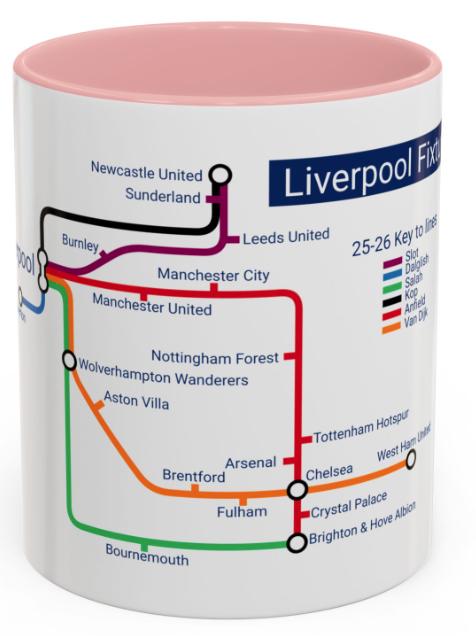 Liverpool 25/26 Season Fixtures Mug: Anfield Gift, Ceramic 11oz