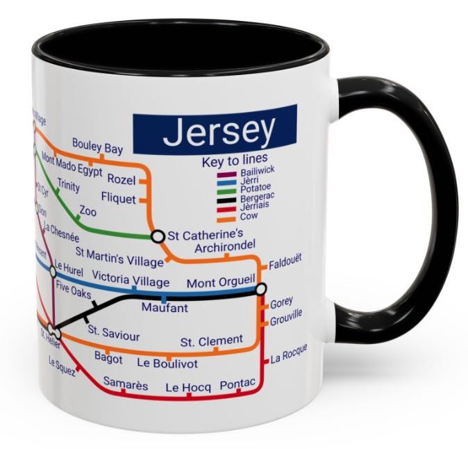 Jersey Metro Map Mug: Island Landmarks, Colorful Design