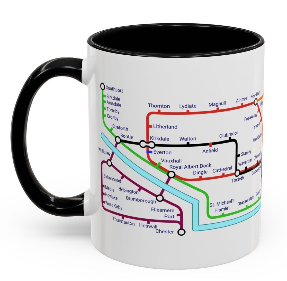 Merseyside Metro Mug - featuring a journey through the well known towns and villages of the area.