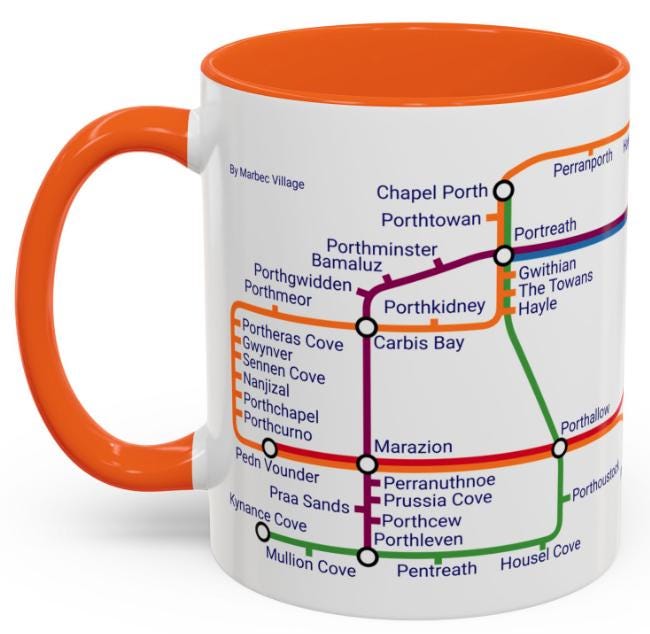 Cornwall Beach Metro Map Mug: Coastal Lover Gift