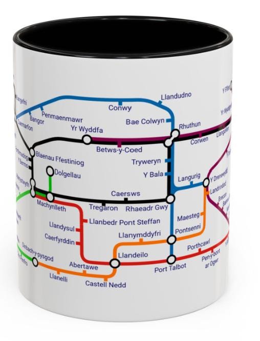 Cymru Wales Metro Mug: Welsh Language Map, 11oz Ceramic