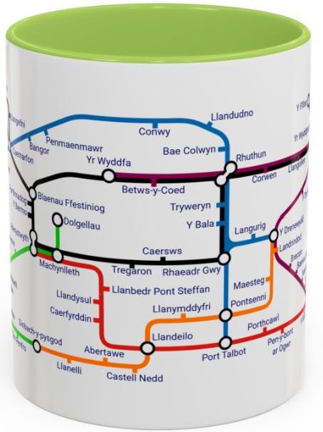 Cymru Wales Metro Mug: Welsh Language Map, 11oz Ceramic