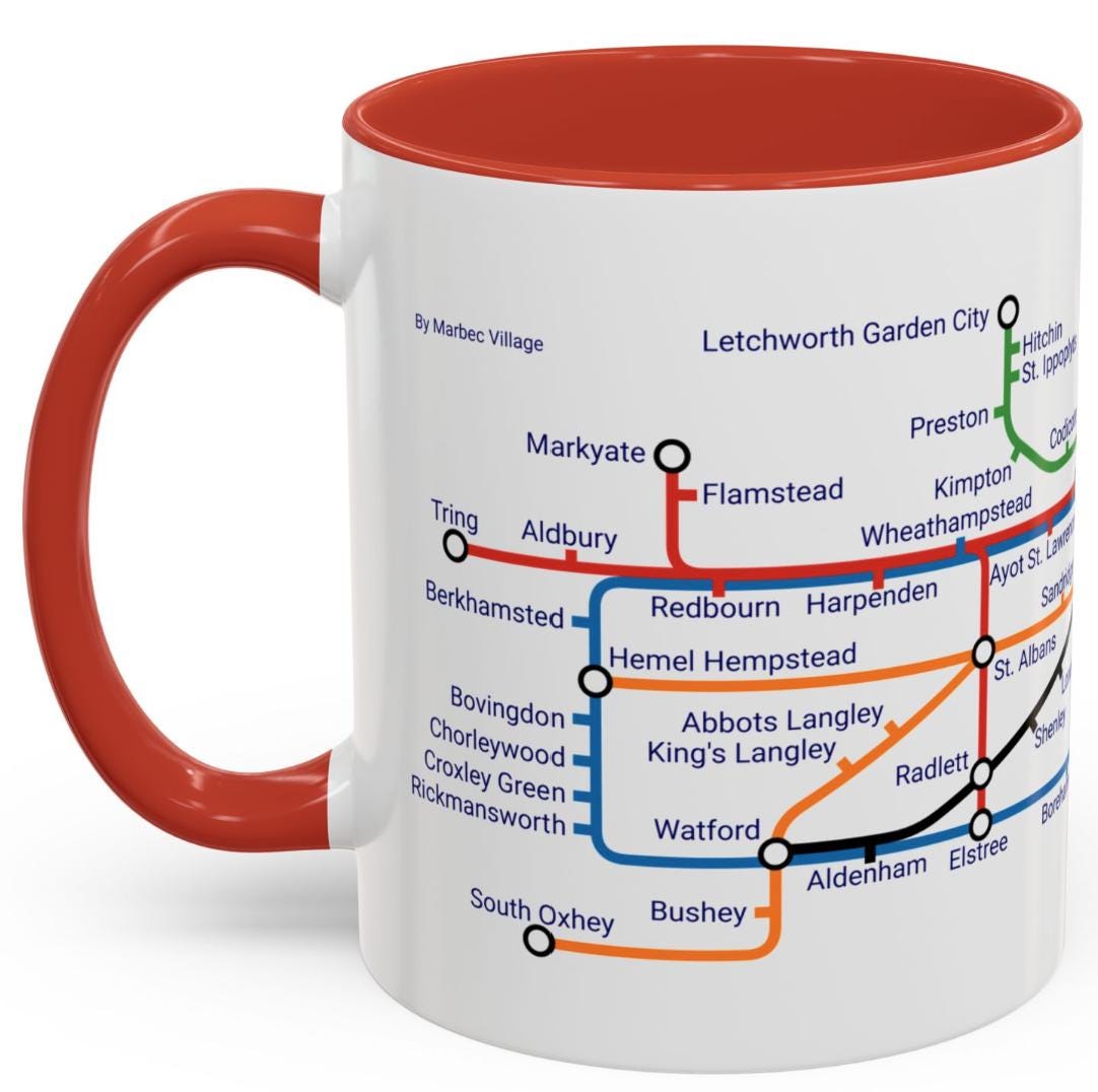 Hertfordshire Metro Map Mug: Unique Ceramic Coffee Mug