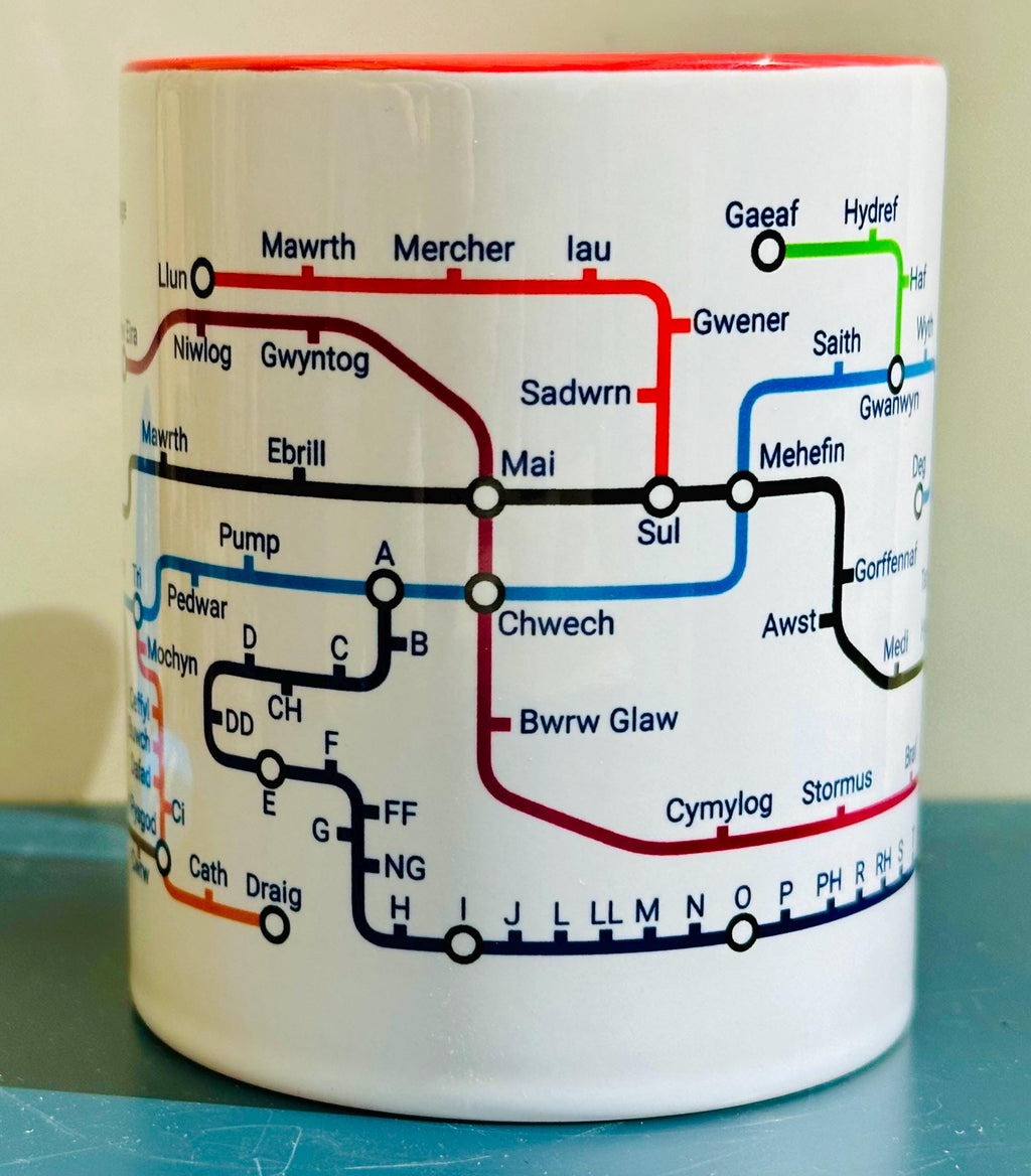 Welsh Language Learning Mug: Cymraeg Metro Design, Ceramic Coffee Cup