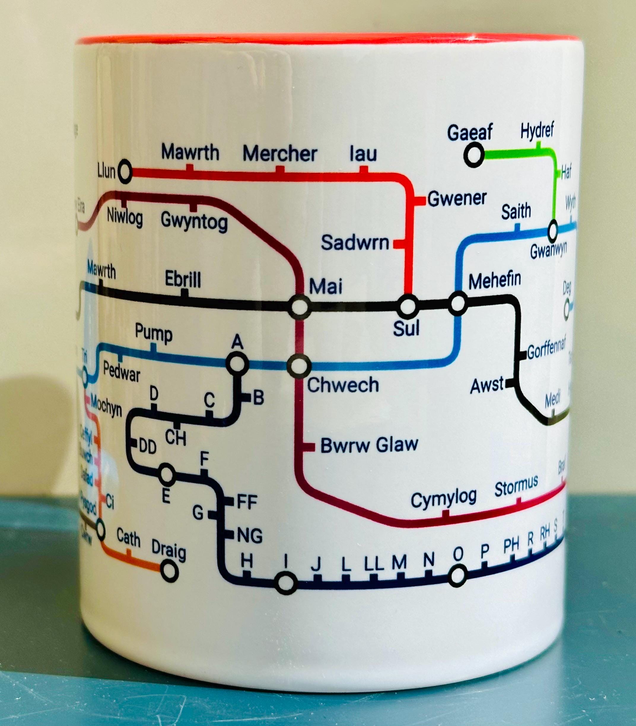 Welsh Language Learning Mug: Cymraeg Metro Design, Ceramic Coffee Cup