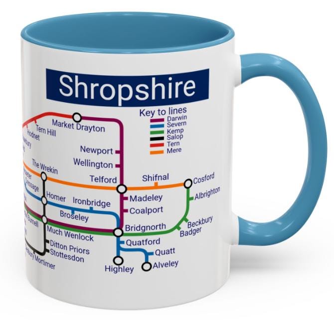 Shropshire Metro Mug - Explore Shropshire, featuring Shrewsbury, Telford, Ludlow, Oswestry, Bridgnorth, and Whitchurch