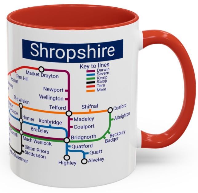 Shropshire Metro Mug - Explore Shropshire, featuring Shrewsbury, Telford, Ludlow, Oswestry, Bridgnorth, and Whitchurch