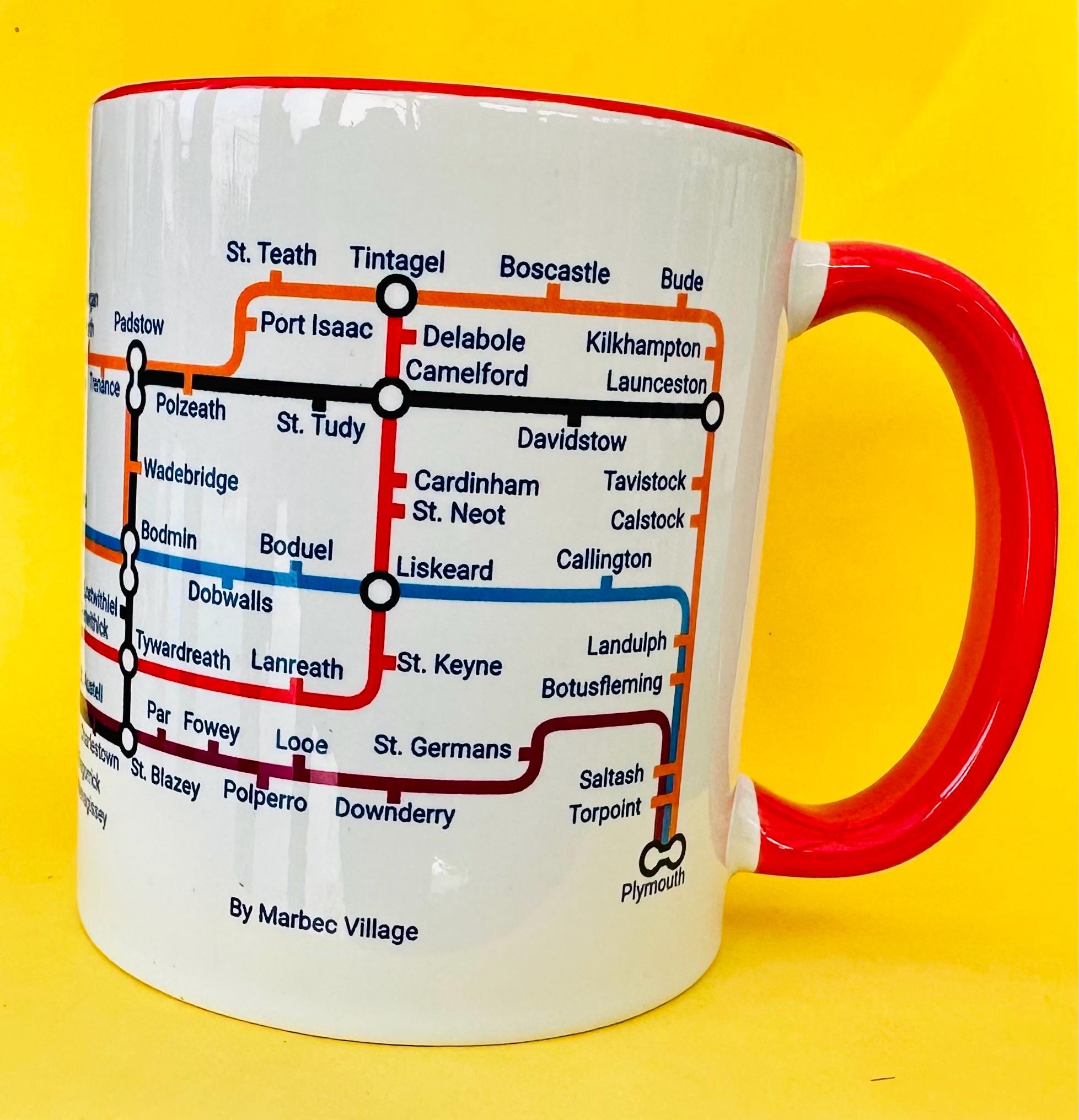 Cornwall Metro Map Mug: Unique Coastal Town Ceramic Mug