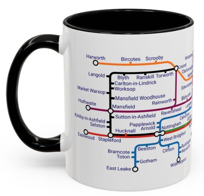 Nottinghamshire Metro Map Mug: Colorful Ceramic Coffee Cup