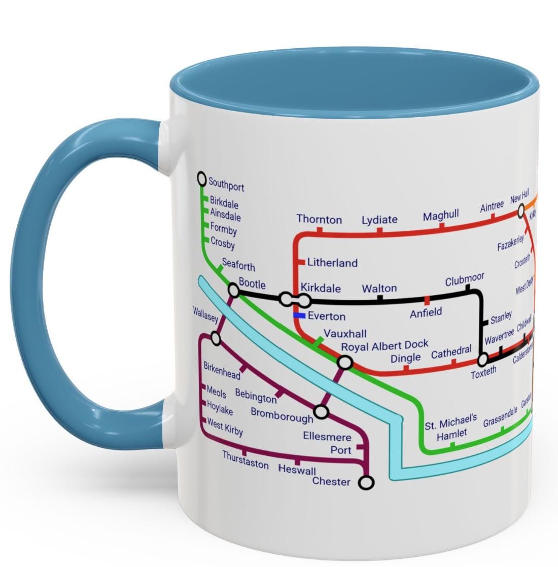 Merseyside Metro Mug - featuring a journey through the well known towns and villages of the area.