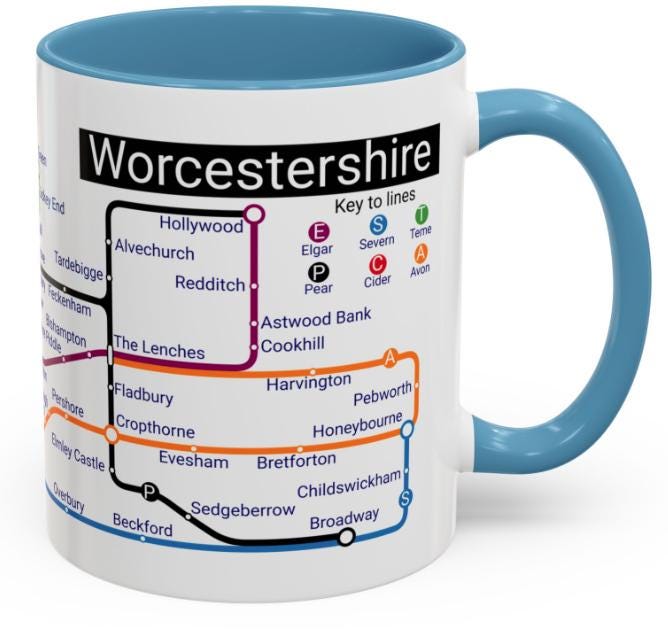 Worcestershire Metro Map Mug: Unique Towns & Villages Ceramic Mug
