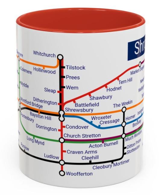 Shropshire Metro Mug - Explore Shropshire, featuring Shrewsbury, Telford, Ludlow, Oswestry, Bridgnorth, and Whitchurch