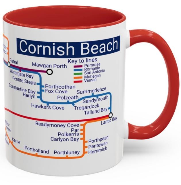 Cornwall Beach Metro Map Mug: Coastal Lover Gift