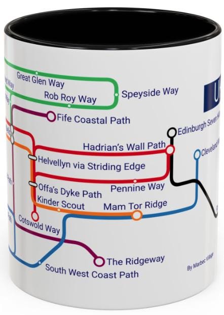 UK Walking Trails Map Mug: Hiker Gift, Metro-Style Design
