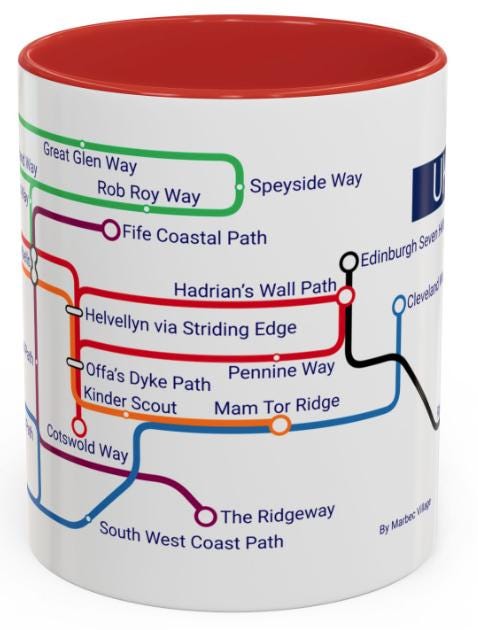 UK Walking Trails Map Mug: Hiker Gift, Metro-Style Design