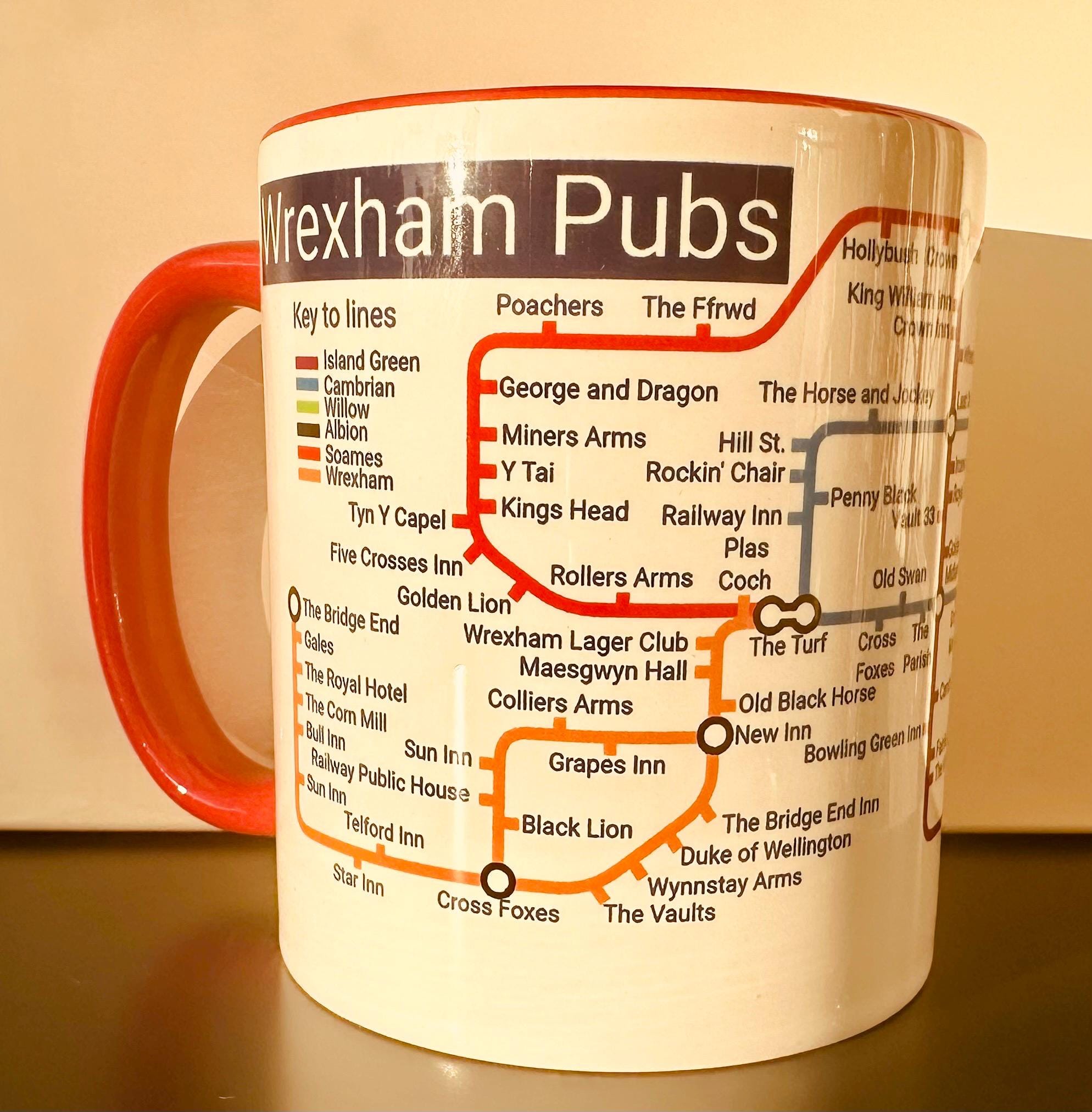 Wrexham Pubs Metro Mug - A fun Ceramic Coffee Mugfrom the Turf to the Pant-yr-Ochain