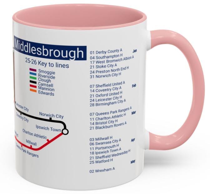 Middlesbrough Football Mug: 2025/26 Season Fixtures, Unique Fan Gift