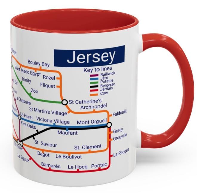 Jersey Metro Map Mug: Island Landmarks, Colorful Design