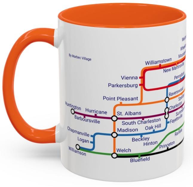West Virginia Metro Mug: WV Transit Map Coffee Cup - Mountain State Gift