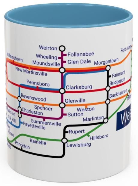 West Virginia Metro Mug: WV Transit Map Coffee Cup - Mountain State Gift