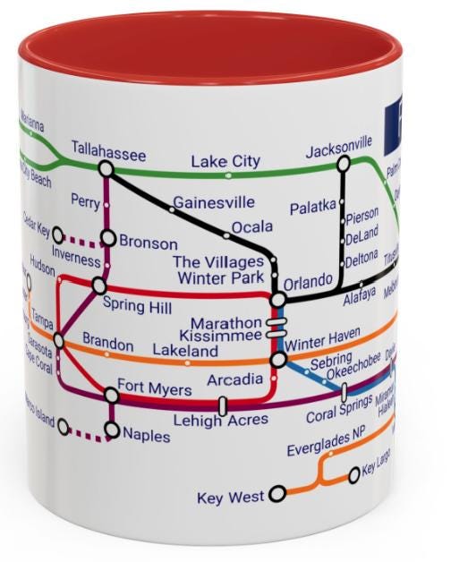 Florida Metro Mug: Ceramic Coffee Cup - Miami to Tallahassee