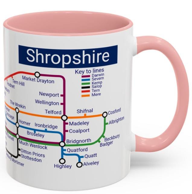 Shropshire Metro Mug - Explore Shropshire, featuring Shrewsbury, Telford, Ludlow, Oswestry, Bridgnorth, and Whitchurch