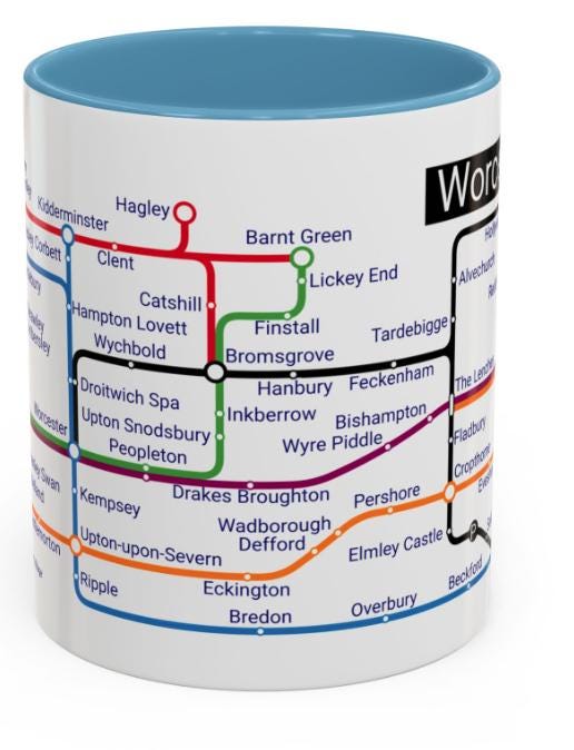 Worcestershire Metro Map Mug: Unique Towns & Villages Ceramic Mug